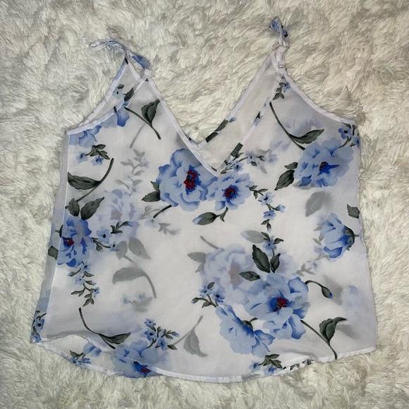 Boho Blue Floral Spaghetti Strap Top For Women Lightweight Silk Chiffon Asymmetrical Hem main image 1